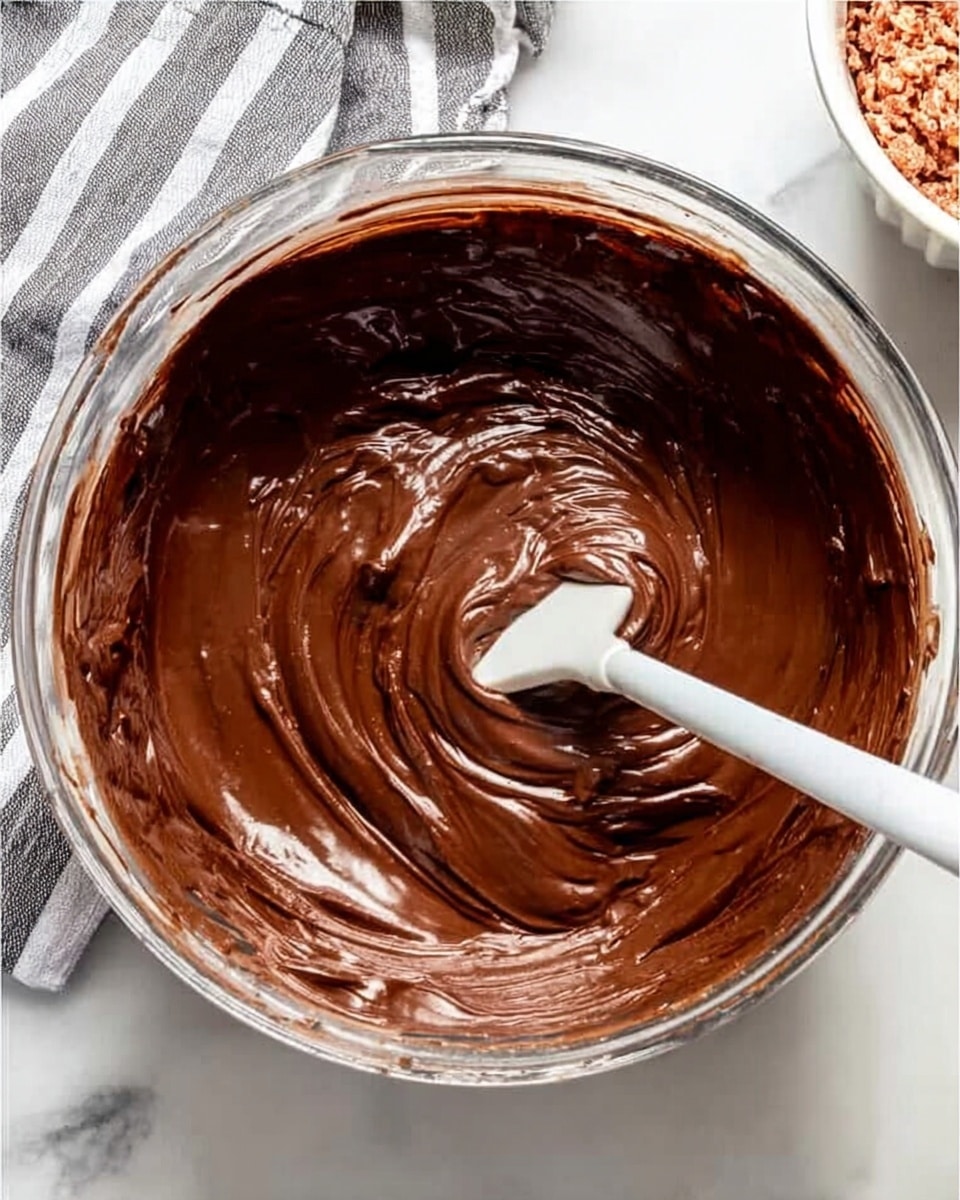 The image shows a clear glass bowl filled with thick, smooth, dark brown chocolate batter. The batter looks glossy and creamy, with a light swirl pattern from stirring. Inside the bowl, a white spatula stands upright, partially submerged in the batter. The bowl sits on a white marbled surface, with part of a gray and white striped cloth visible near the left side. Part of a white bowl with red or brown grainy food is visible at the top right corner. Photo taken with an iphone --ar 4:5 --v 7