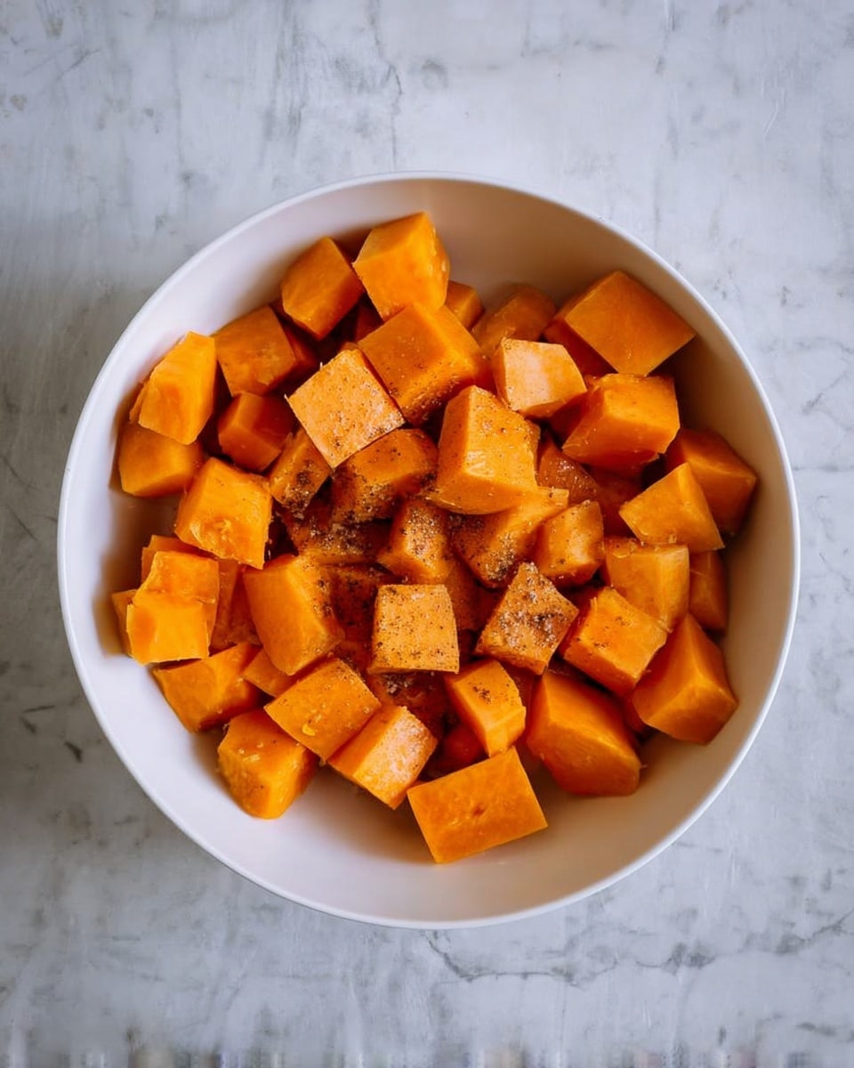 A white bowl filled with many small orange cubes of squash, with a few brown spices sprinkled on top, sitting on a white marbled surface. The cubes are all roughly the same size and packed closely together inside the bowl, showing a simple preparation stage before cooking. photo taken with an iphone --ar 4:5 --v 7
