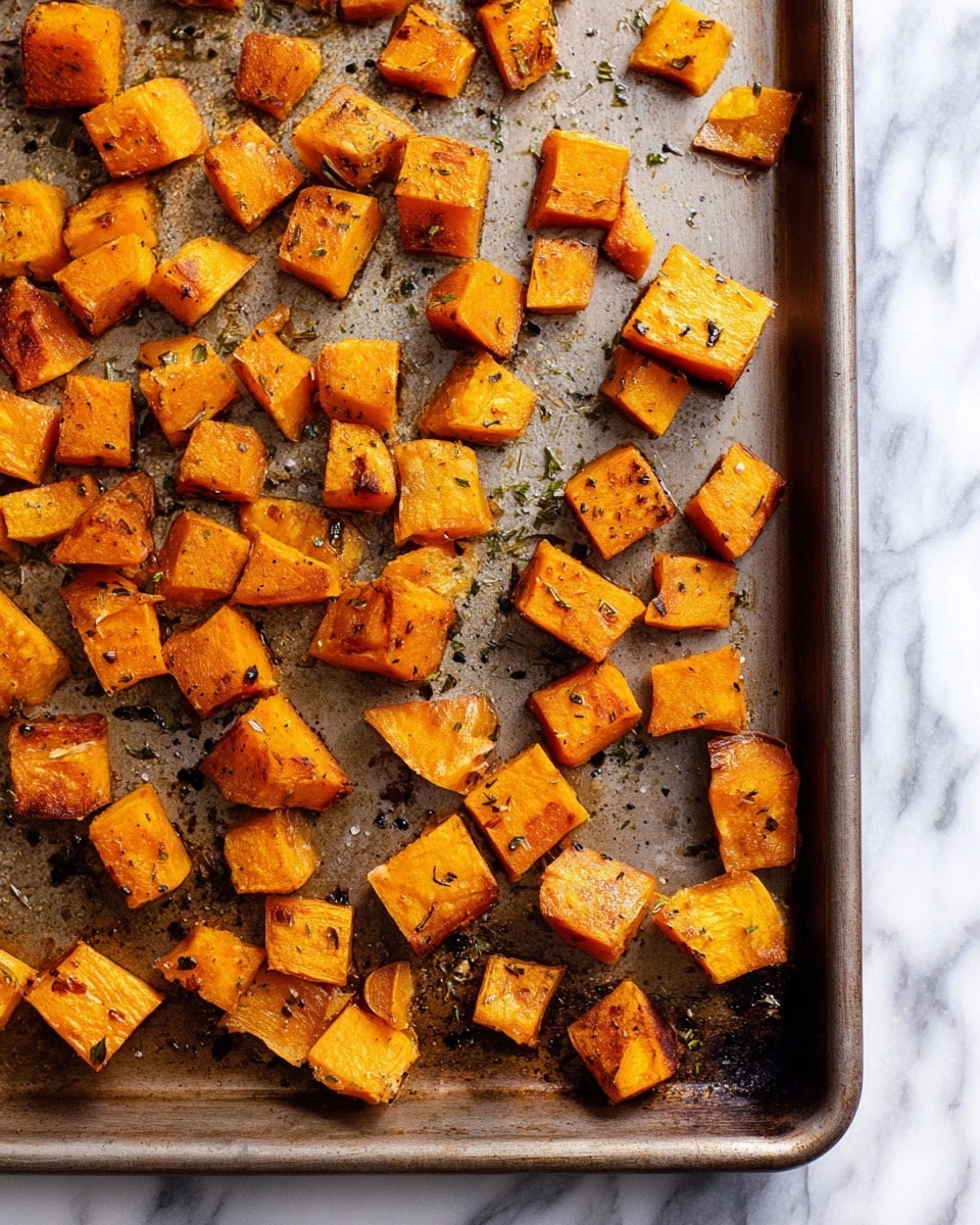 The image shows a metal baking tray on a white marbled surface filled with evenly spread roasted orange cubes of sweet potato, each piece having a slightly browned, crispy outside and soft inside texture. Small specks of black pepper and herbs are scattered across the tray, adding contrast and detail to the warm orange tones. The roasting tray has an oily shine from the cooking oil, highlighting the caramelized edges of the sweet potato pieces. photo taken with an iphone --ar 4:5 --v 7