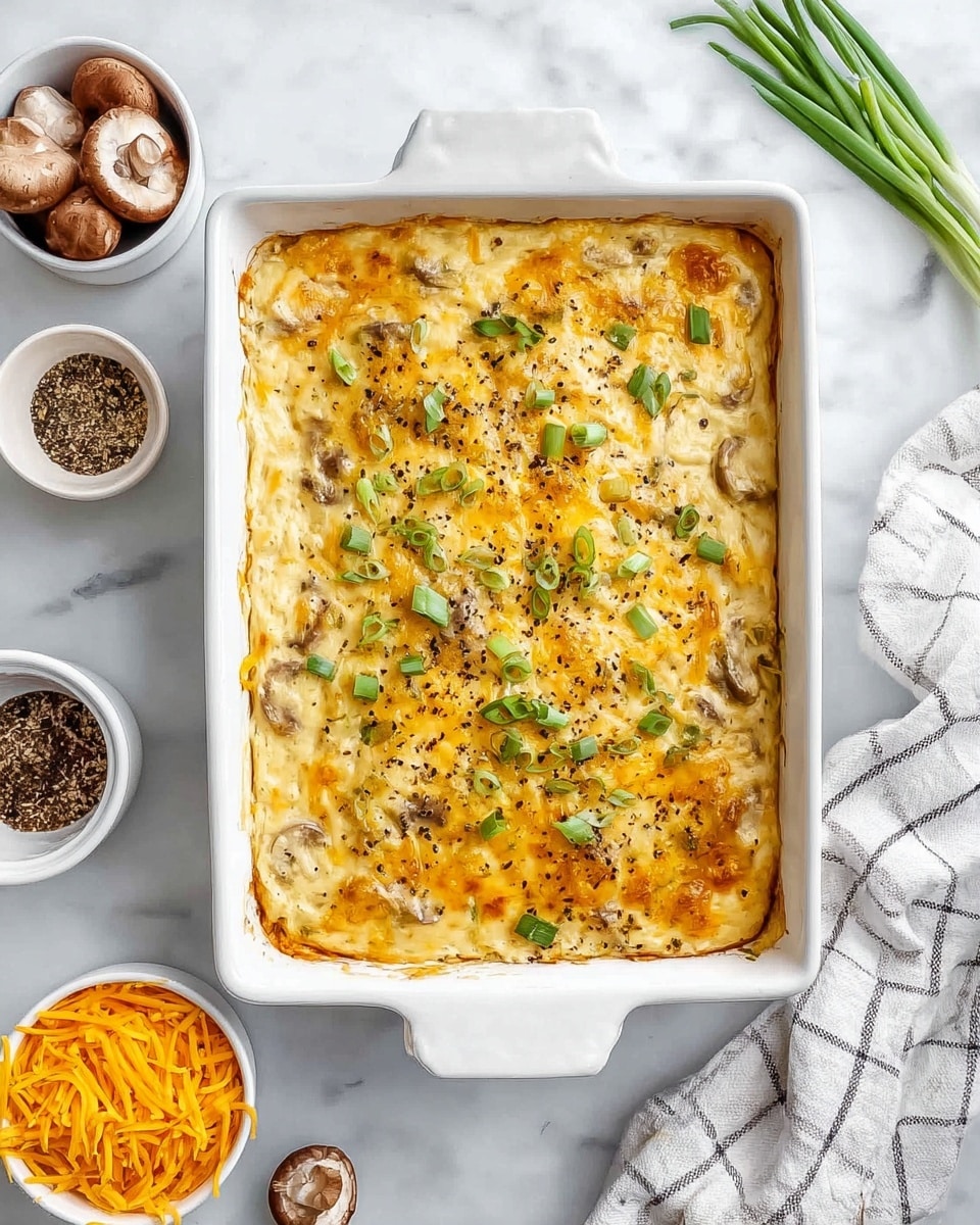 A white rectangular baking dish filled with a baked casserole that has a creamy, slightly browned top layer covered with melted cheese and scattered black pepper. Light green sliced green onions are sprinkled evenly on top. Surrounding the dish on a white marbled surface are small white bowls containing shredded orange cheese, black pepper, and sliced mushrooms. A white cloth with a gray check pattern is partially visible on the right side. photo taken with an iphone --ar 4:5 --v 7