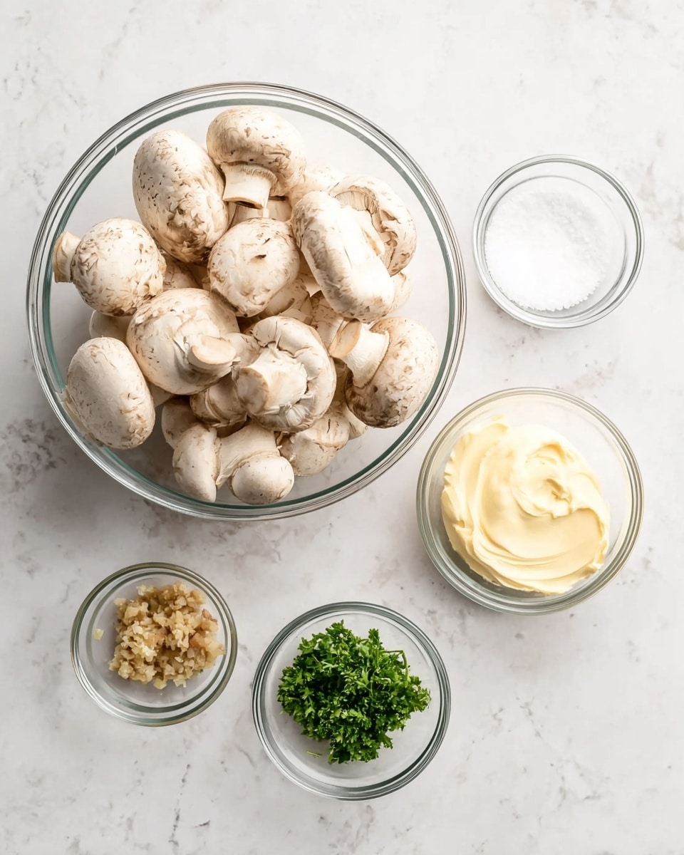 A top view image shows one large clear glass bowl filled with many whole white mushrooms with a slightly dirty texture on a white marbled surface, below to the right two small clear glass bowls, one with light yellow creamy butter spread smoothly and the other with a white crystalline salt; below to the left, two more small clear glass bowls, one holding light brown minced garlic and the other fresh green chopped parsley. The arrangement is neat and well-spaced. photo taken with an iphone --ar 4:5 --v 7