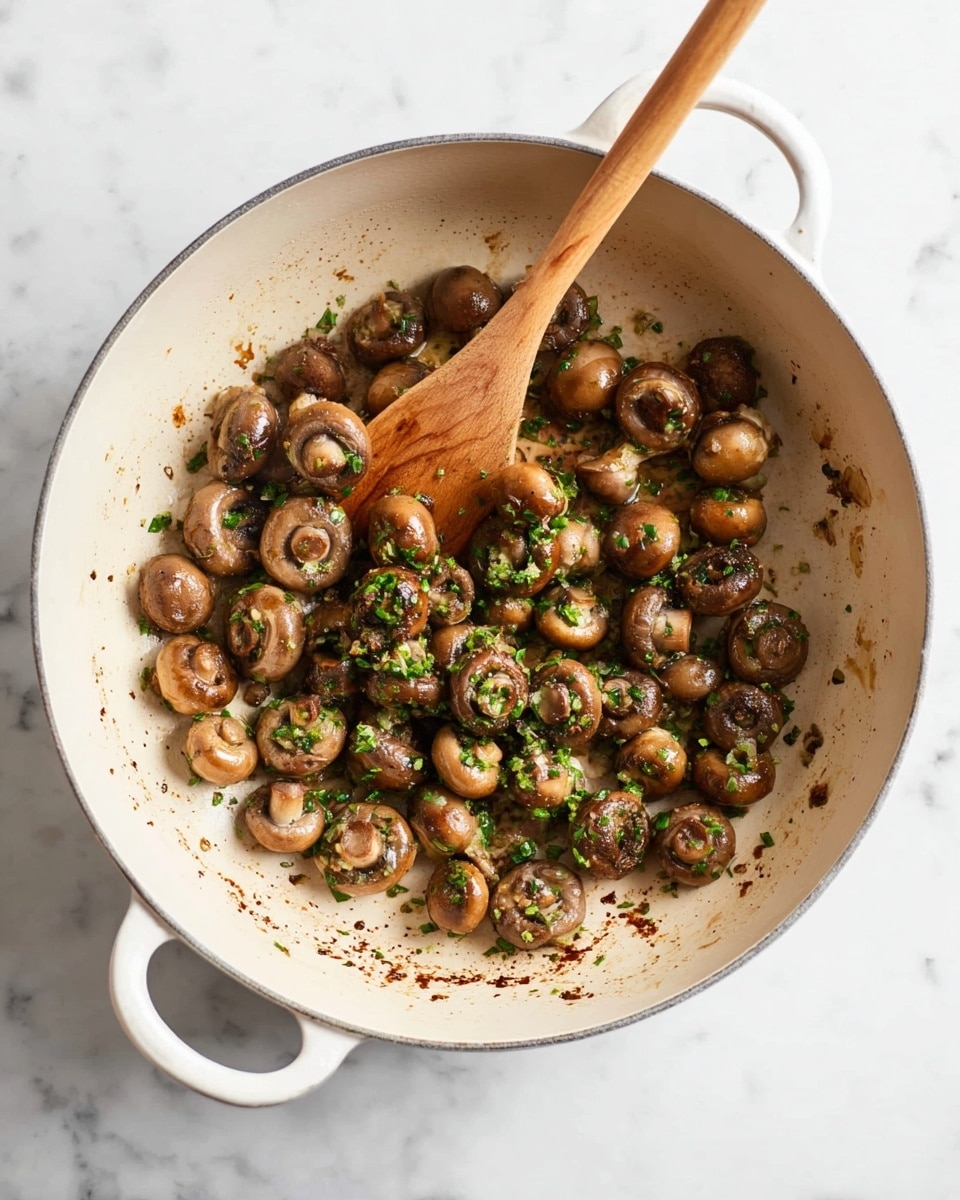 A white pot filled with small browned mushrooms sauteed with green herb bits sprinkled on top, resting on a white marbled surface. A wooden spatula lies angled inside the pot, partly under the mushrooms, with light oil and browned bits visible on the pot's surface around the mushrooms. The pot has two handles and sits flat on the marble. photo taken with an iphone --ar 4:5 --v 7