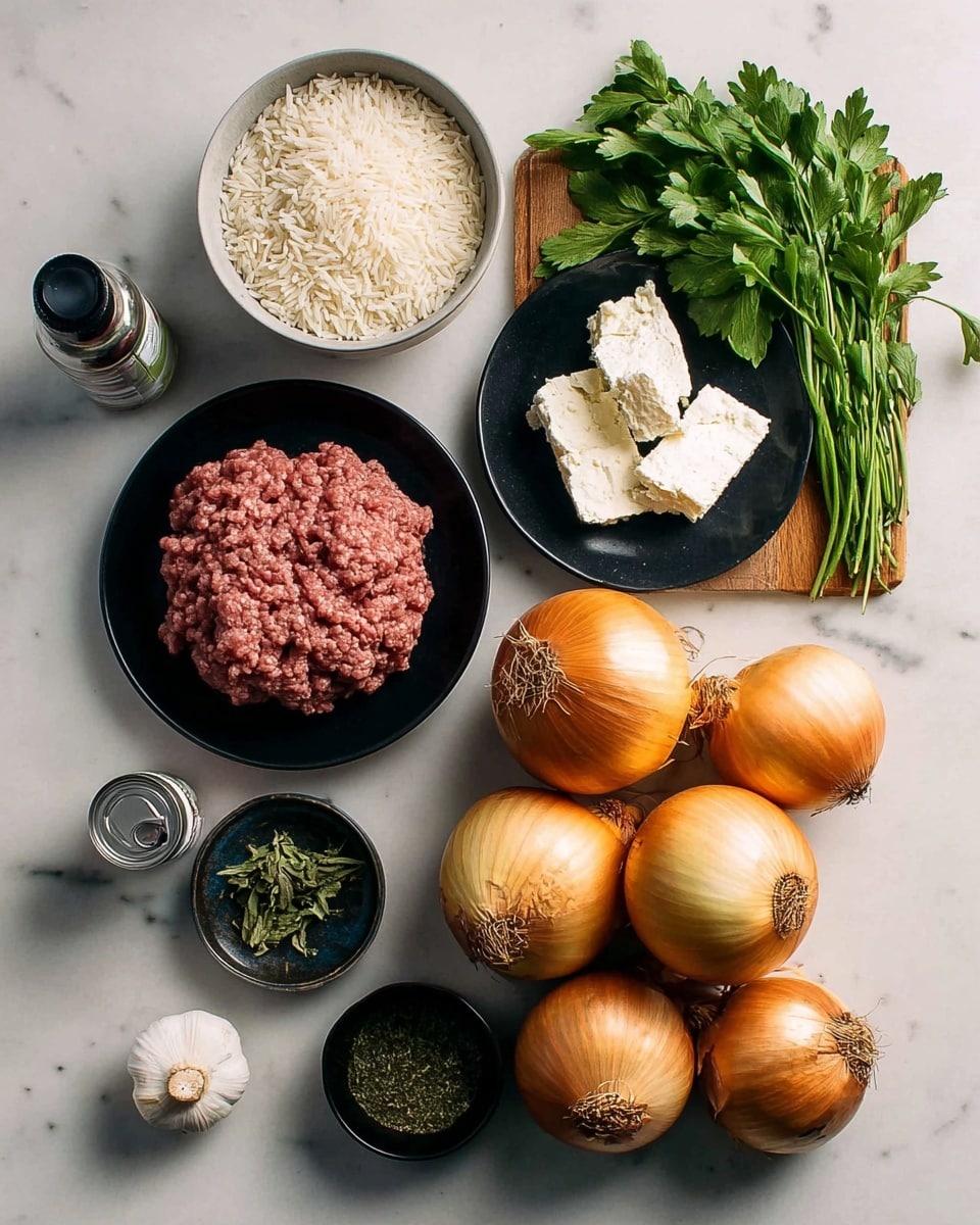 The image shows a group of fresh cooking ingredients placed on a white marbled surface. There are eight large yellow onions with dry brown skins piled at the bottom right. Above them, two black plates hold other items: one plate has raw ground meat with a textured, reddish-pink surface, and the other plate holds three pieces of crumbly white cheese. Next to these, there is a bunch of fresh green herbs, with bright leafy textures, lying on a small wooden board. A small black bowl below the meat holds dried green herbs. Near the bottom left, there is a bulb of garlic with white papery skin, a small canned food item with a silver lid, and a plastic bottle with a black cap. At the top left, a round white bowl contains white rice grains. The whole setting is brightly lit, showing all colors and textures clearly, photo taken with an iphone --ar 4:5 --v 7