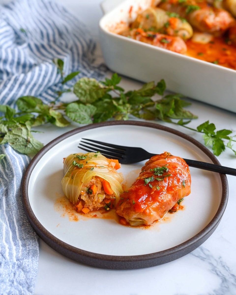 On a white plate with a dark rim, there are two stuffed vegetables placed side by side; the left one is pale yellow with soft cooked layers and visible bits of orange carrot and translucent onion inside, while the right one is orange-red with a shiny, slightly oily texture and sprinkled with small green herb pieces. A black fork rests next to the vegetables on the plate. In the background, part of a white baking dish filled with more of the orange-red stuffed vegetables sitting in sauce is visible, along with a blue and white striped cloth. Fresh green herbs are loosely arranged on a white marbled surface around the plate, adding fresh color to the scene. Photo taken with an iphone --ar 4:5 --v 7