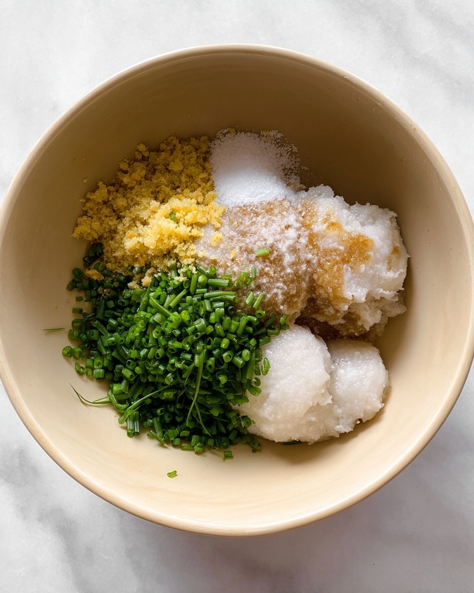 A white bowl holds several ingredients all placed separately in a circular pattern. At the top right, finely chopped bright green chives form the first layer. Below them, to the center right, is a clumpy white paste mixed with coarse salt and light brown soy sauce creating a textured layer. To the bottom left, two blobs of smooth, white paste sit side by side. Above them, a small heap of finely chopped yellow ginger is positioned near the top left. Each ingredient contrasts vividly against the bowl’s inside, which is a smooth beige color. The bowl is set on a white marbled surface. photo taken with an iphone --ar 4:5 --v 7