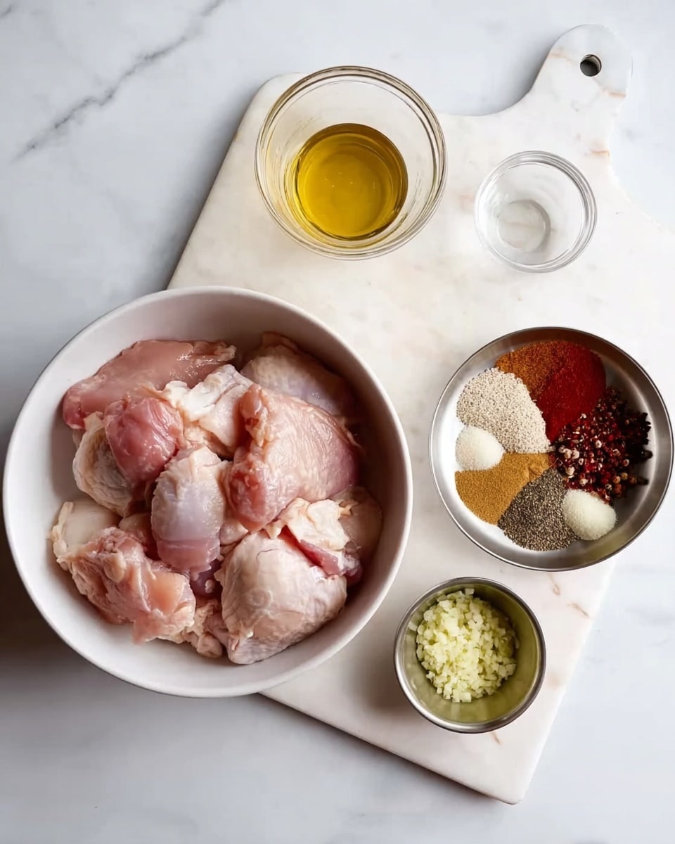 On a white marbled surface, a large white bowl on the left is filled with raw pale pink chicken pieces with smooth and slightly shiny texture. To the right, a small round silver bowl contains different spices neatly grouped, showing deep red, brown, black, white, and beige powders arranged like sections of a pie. Above it, a small transparent glass cup holds a golden yellow liquid. Below, a smaller silver bowl has a light greenish-yellow liquid. To the far right, a tiny clear glass bowl contains finely minced pale yellow garlic. All items are placed on a clean white cutting board with a handle at the top. Photo taken with an iphone --ar 4:5 --v 7