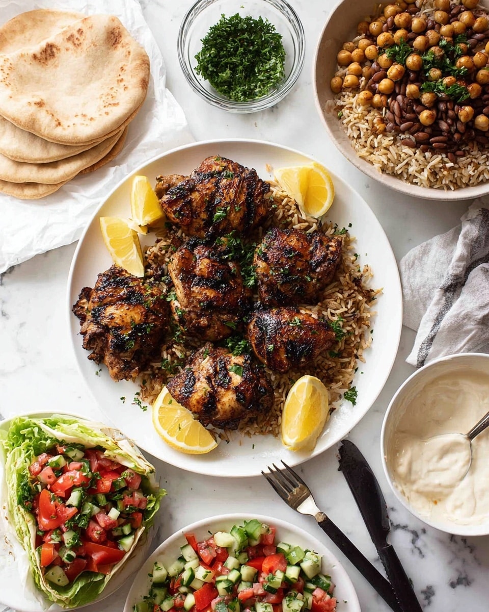 A white round plate filled with seven grilled chicken pieces that are dark brown with visible grill marks and sprinkled with green chopped herbs. Around the chicken pieces are four lemon wedges, light yellow with fresh texture. To the top right is a white bowl filled with a colorful mix: beige chickpeas, bright red chopped tomatoes, and green chopped cucumbers, all topped with chopped green herbs. To the bottom left, a white round plate shows a wrap filled with grilled chicken, green lettuce, and some tomato, next to a serving of brown rice mixed with dark beans and tomato slices. Above the wrap plate, there are two pieces of light brown pita bread beside a black-handled fork with a silver head. On the top left sits a small clear glass bowl filled with finely chopped green herbs, and next to it is a white bowl holding a creamy off-white sauce with a silver spoon inside. All items are placed on a white marbled textured surface. Photo taken with an iphone --ar 4:5 --v 7