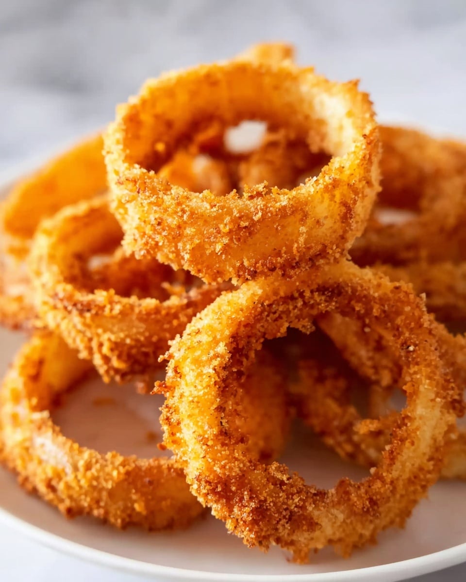 A stack of golden brown onion rings with a crunchy texture is arranged closely together. Each ring has an even coating of crispy crumbs, showing a rough, crumbly surface with light and dark orange tones. The rings overlap each other on a white plate, placed on a white marbled surface. The onion rings look thick and round, with hollow centers visible, giving a sense of their size and shape. photo taken with an iphone --ar 4:5 --v 7