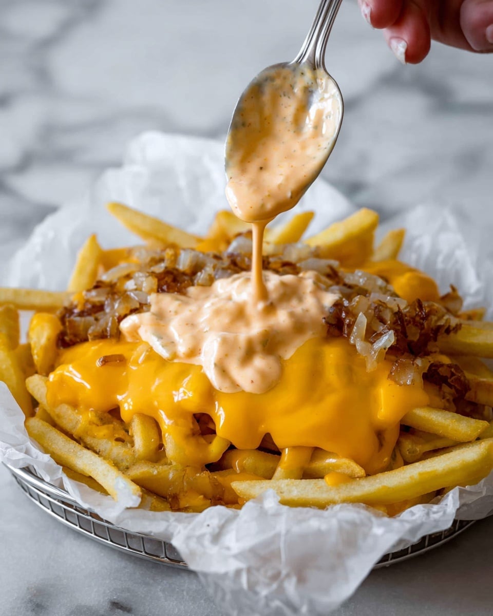 A white lined basket holds a layer of golden yellow fries at the bottom, topped with a thick, smooth layer of bright orange melted cheese. On top of the cheese, there are small pieces of cooked brown onions scattered around. A light orange creamy sauce with small chunks is being poured over the fries and cheese by a spoon held by a woman's hand, covering part of the dish. The background is a white marbled texture. Photo taken with an iphone --ar 4:5 --v 7