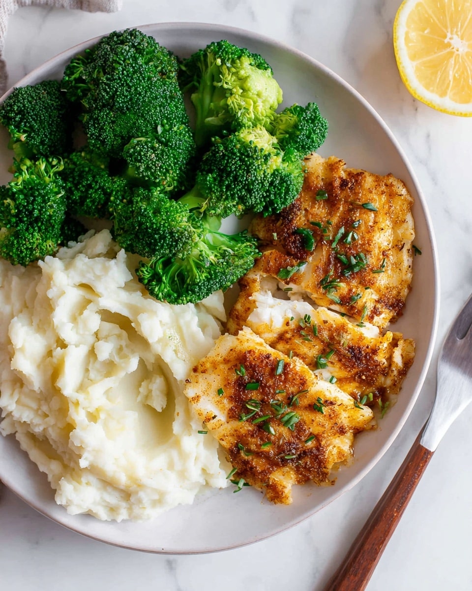 A white plate holds three main layers of food against a white marbled surface: bright green broccoli florets on the top left, creamy white mashed potatoes with a soft texture on the bottom left, and golden-brown seasoned fish fillets with a slightly crispy look on the right, garnished with small green herb bits. A wedge of lemon sits on the marble surface near the plate, and a fork with a wooden handle is placed nearby. photo taken with an iphone --ar 4:5 --v 7