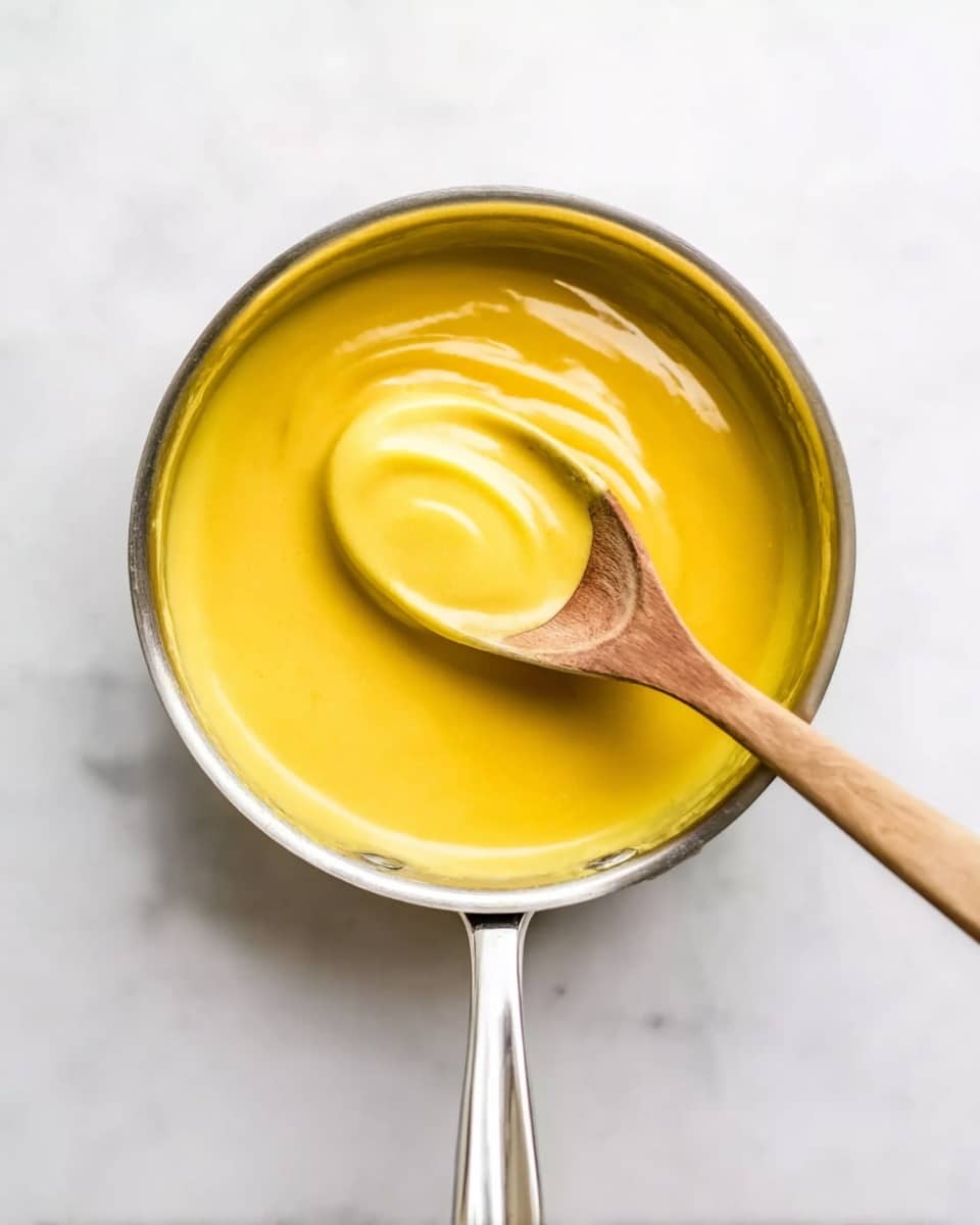 A shiny silver pan filled with a smooth, thick, bright yellow sauce sits on a white marbled surface. A wooden spoon dips into the sauce, holding a small amount that shows the creamy texture. The pan has a clean, reflective handle pointing toward the bottom of the image. photo taken with an iphone --ar 4:5 --v 7