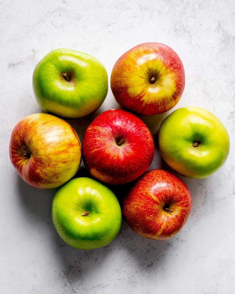 The image shows a group of eight apples placed on a white marbled surface. There are five red and yellow apples mixed with three green apples, all arranged randomly with slight shadows under each fruit reflecting soft light. The apples' skin texture is smooth and shiny, highlighting their fresh and ripe look. Photo taken with an iphone --ar 4:5 --v 7