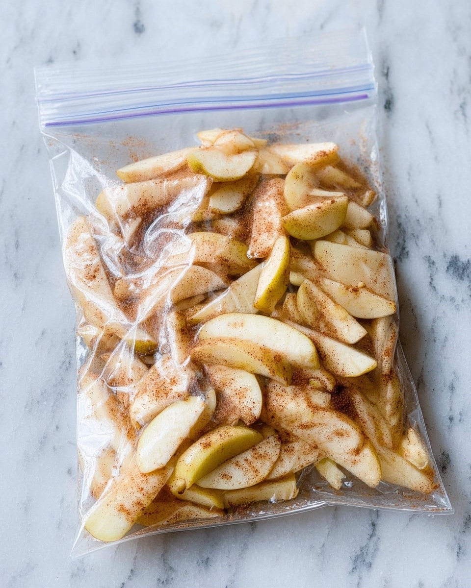 A clear plastic ziplock bag filled with thinly sliced apple pieces mixed with a light brown cinnamon-like powder, creating a soft, textured mixture inside the bag. The apples appear pale yellow and off-white with some light brown lightly coating each slice. The bag is placed on a surface with white marbled texture, and the slices fill most of the bag, showing a mix of smooth and uneven edges of the fruit. Photo taken with an iphone --ar 4:5 --v 7
