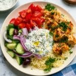 Instant Pot Chicken Souvlaki Rice with Greek Salad & Tzatziki Recipe