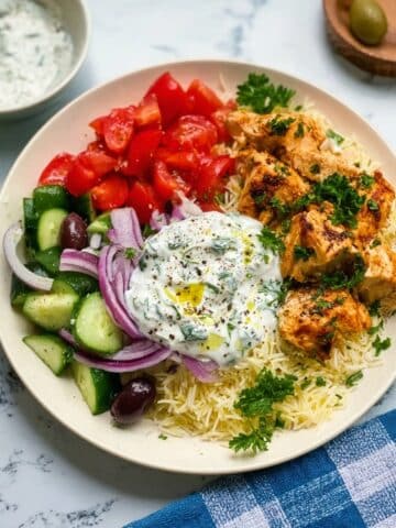 Instant Pot Chicken Souvlaki Rice with Greek Salad & Tzatziki Recipe