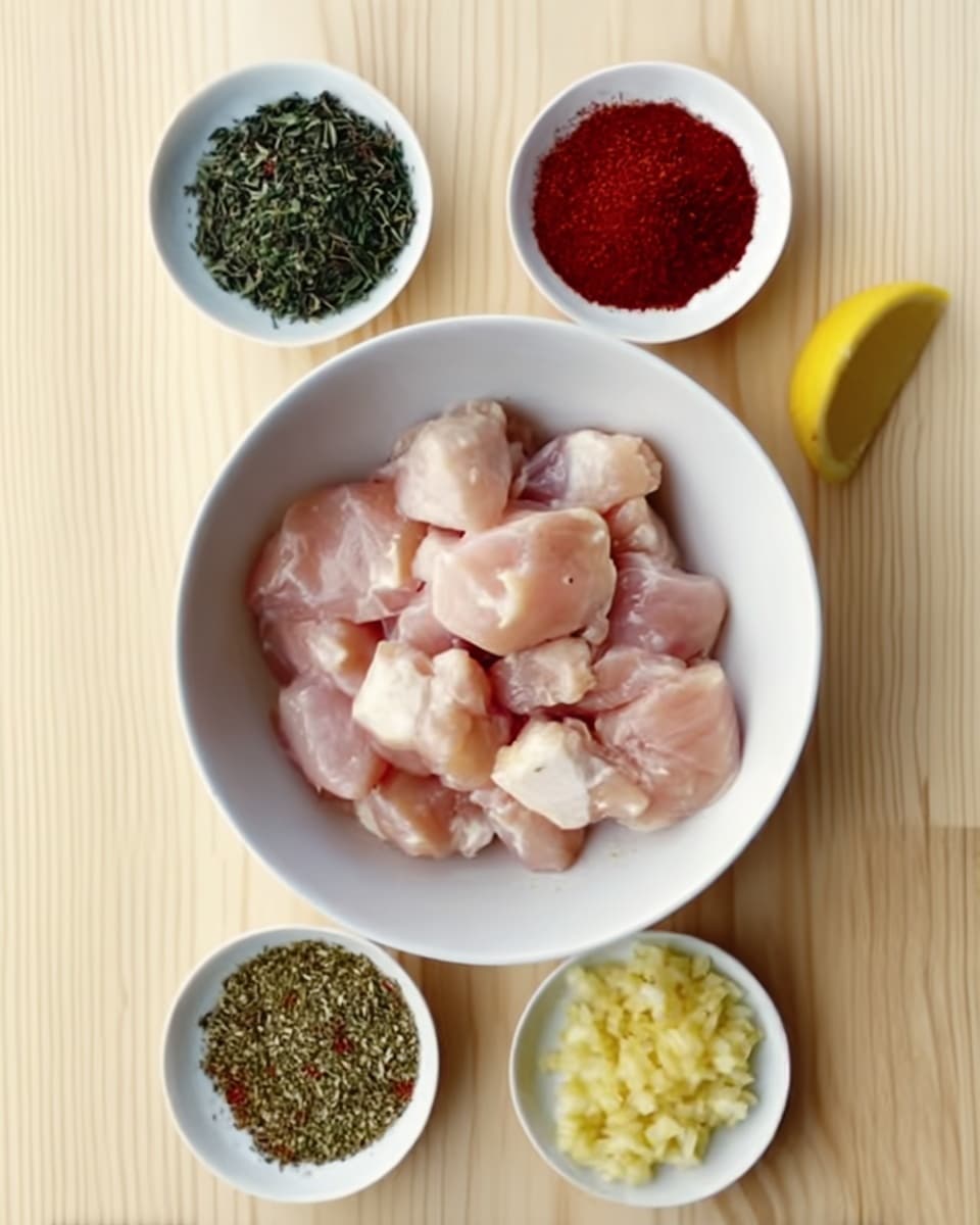 The image shows a white bowl filled with raw pieces of pale pink chicken meat placed on a light wooden surface. Below the bowl, there are four small white bowls arranged in a grid of two rows and two columns. The top left bowl contains dark green herb leaves, while the top right bowl has a bright red spice powder. The bottom left bowl holds a mix of dried green and brown herbs, and the bottom right bowl contains finely chopped light yellow garlic. At the very bottom is a slice of yellow lemon partly visible. The background surface is light wooden but should be imagined as white marble for the description. Photo taken with an iphone --ar 4:5 --v 7