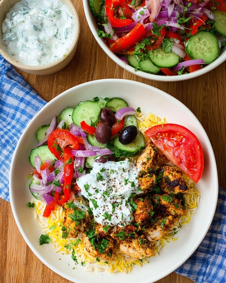 A white plate shows a dish with three main parts: at the bottom left is a colorful salad layer made of green cucumber slices, red bell pepper pieces, purple onion slices, black olives, and chopped parsley. On the right side, there is a layer of cooked rice topped with grilled seasoned chicken pieces that have a golden brown color. On top of the rice and chicken, a dollop of white sauce with green bits and black pepper flakes is placed. A slice of red tomato rests near the top edge of the plate. Above, a white bowl contains a vibrant salad of cucumber, tomato, red onion, red pepper, and olives. To the left, a small white bowl holds more of the white sauce with green bits. The items sit on a wooden surface with part of a blue and white checkered cloth showing on the bottom left. photo taken with an iphone --ar 4:5 --v 7