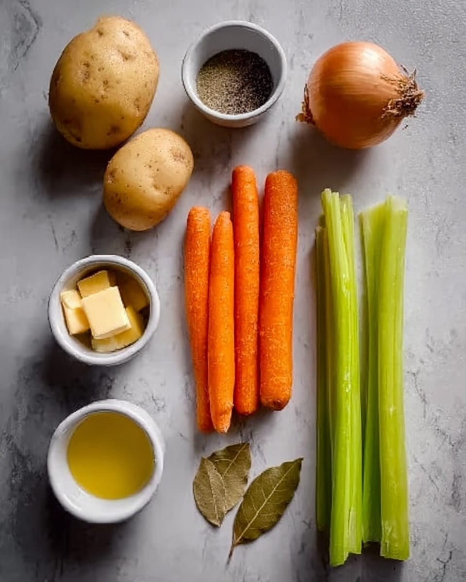 The image shows several raw ingredients placed neatly on a white marbled surface. There are two light brown potatoes with a smooth texture at the top left, below them five bright orange carrots grouped together in a row, and to their right, two green celery stalks standing straight up. Next to the potatoes, there is a small onion with a golden brown outer skin. Above the onions and celery, three small white bowls are placed in a row: one with coarse black pepper, one with a square piece of yellow-brown bouillon cube, and one with yellow cooking oil. Near the celery, two dried bay leaves rest flat on the surface. The arrangement is simple and clear, showing the fresh and raw nature of the ingredients. photo taken with an iphone --ar 4:5 --v 7