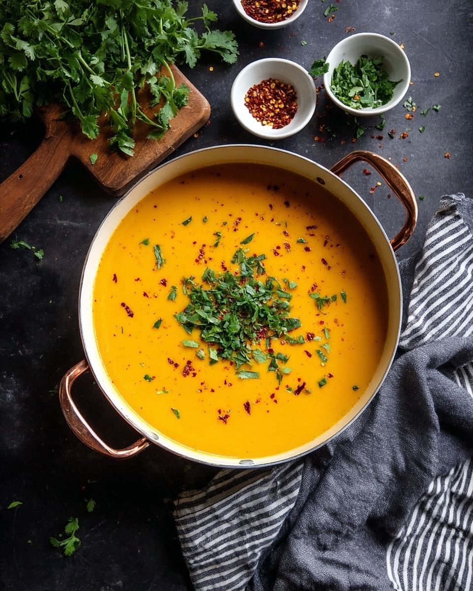 A white pan with two copper handles holds a smooth, bright orange soup with a thick texture, topped in the center with a sprinkle of chopped green herbs and red pepper flakes. Around the pan, there are small white bowls filled with fresh green herbs and red pepper flakes on a dark surface, with a bunch of green herbs on a wooden board to the left and a dark gray cloth with white stripes draped loosely on the lower right side. photo taken with an iphone --ar 4:5 --v 7
