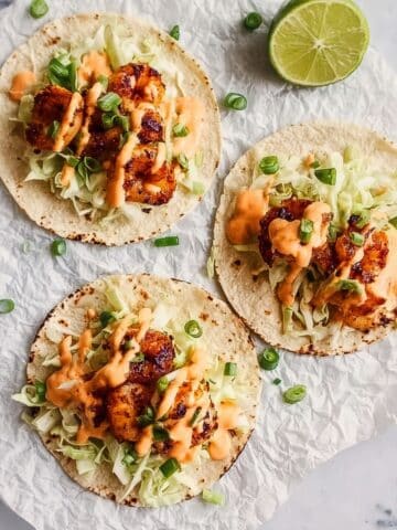 Blackened Shrimp Tacos with Spicy Slaw and Garlic Lime Sauce Recipe