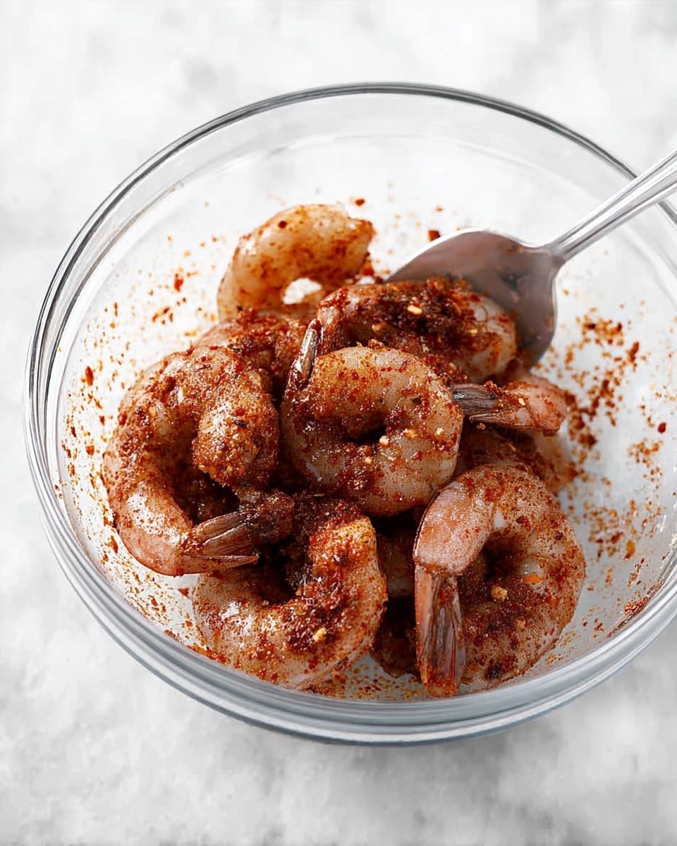 A clear glass bowl sits on a white marbled surface filled with about ten raw shrimp, each coated in a dark reddish spice mix with visible flakes and powder. The shrimp are arranged in a loose pile, their curved shapes and translucent grey color partially visible beneath the spice. A silver spoon rests inside the bowl on the right side, partially buried in the shrimp. photo taken with an iphone --ar 4:5 --v 7