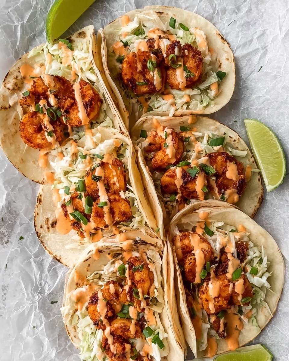 Four soft white tortillas are arranged in a row on a white marbled surface lined with crinkled parchment paper. Each tortilla holds several pieces of reddish-orange shrimp with a slightly charred texture, layered on top of a creamy white slaw. A light drizzle of orange sauce is spread evenly over the shrimp and slaw, and small green garnish pieces are sprinkled on top, adding pops of color. Lime wedges are placed near the top and bottom edges of the frame. Photo taken with an iphone --ar 4:5 --v 7