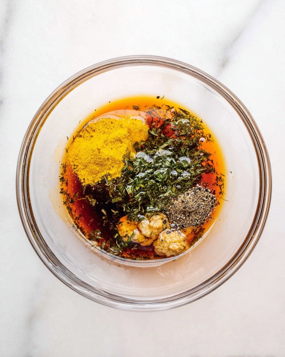 A clear glass bowl on a white marbled surface holds a mix of several ingredients. The base is a dark reddish-brown liquid with orange oil floating on top. On the left side, there is a small pile of bright yellow powder. In the center, fresh green herb pieces are sprinkled over the liquids. To the right, small beige chunks blend with the dark sauce, and there is a sprinkling of black pepper on the surface. The bowl has visible reflections and light spots showing its round shape and depth. Photo taken with an iphone --ar 4:5 --v 7