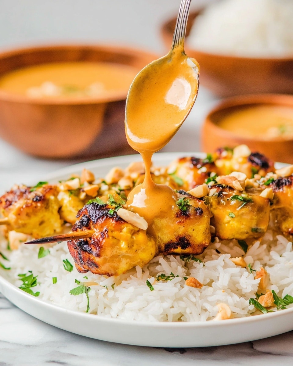 The image shows a white plate with a bed of plain white rice on the bottom layer. On top of the rice are skewers of grilled meat pieces that are golden yellow with dark char marks. The meat is garnished with small bits of green herbs and crushed light beige nuts. Above the meat, a spoon held by a woman's hand is pouring a smooth, thick, creamy orange sauce over the skewers. In the softly blurred background, there are wooden bowls filled with white rice and more of the same orange sauce. The surface beneath the plate is a white marbled texture. photo taken with an iphone --ar 4:5 --v 7
