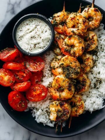 Chimichurri Shrimp with Rice, Cherry Tomatoes, and Tzatziki Recipe