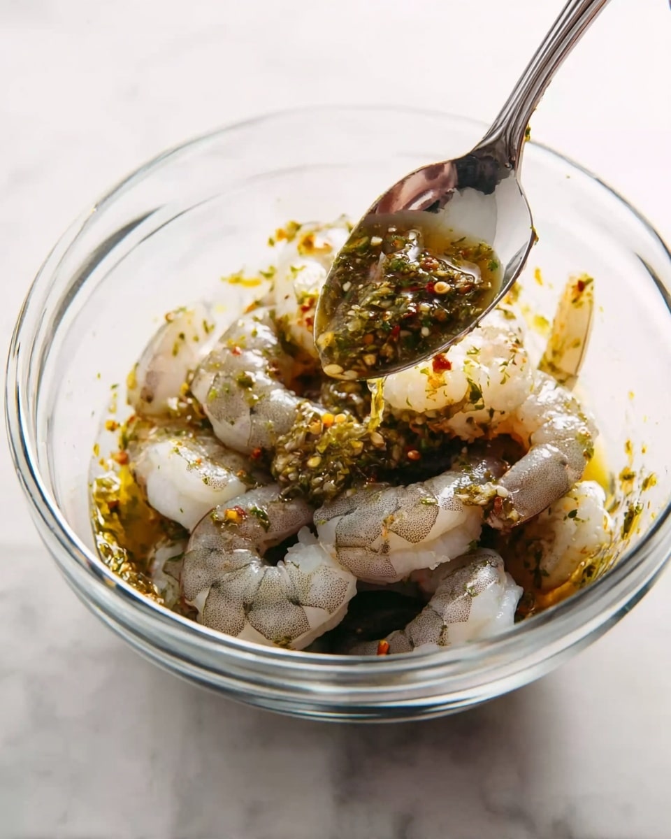 A clear glass bowl holds raw shrimp with translucent white and gray shells, coated unevenly with a green-yellow herb and spice sauce that has small red specks, sitting on top of the shrimp and scattered in the bowl, all placed on a white marbled surface, a metal spoon held by a silver woman's hand is lowering the sauce over the shrimp, the shrimp pieces are curved and translucent with visible tails photo taken with an iphone --ar 4:5 --v 7