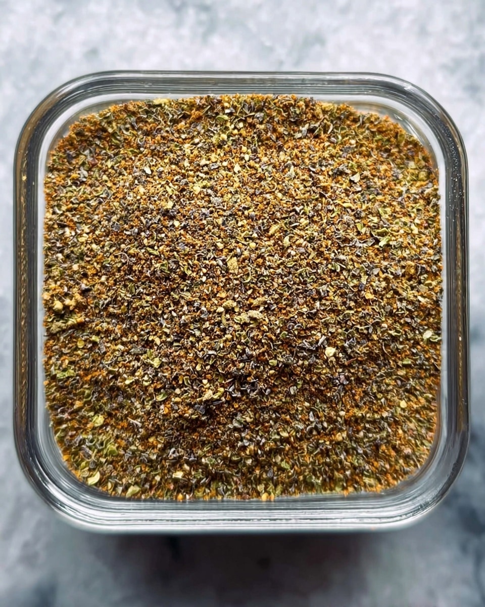 A close-up top view of a square clear glass container filled with a single layer of mixed dry spices. The spices are finely chopped and have varied colors, including brown, green, and light yellow bits, creating a textured, grainy surface that almost covers the entire view. The container edges are sharp and clean. The background is a white marbled texture. photo taken with an iphone --ar 4:5 --v 7