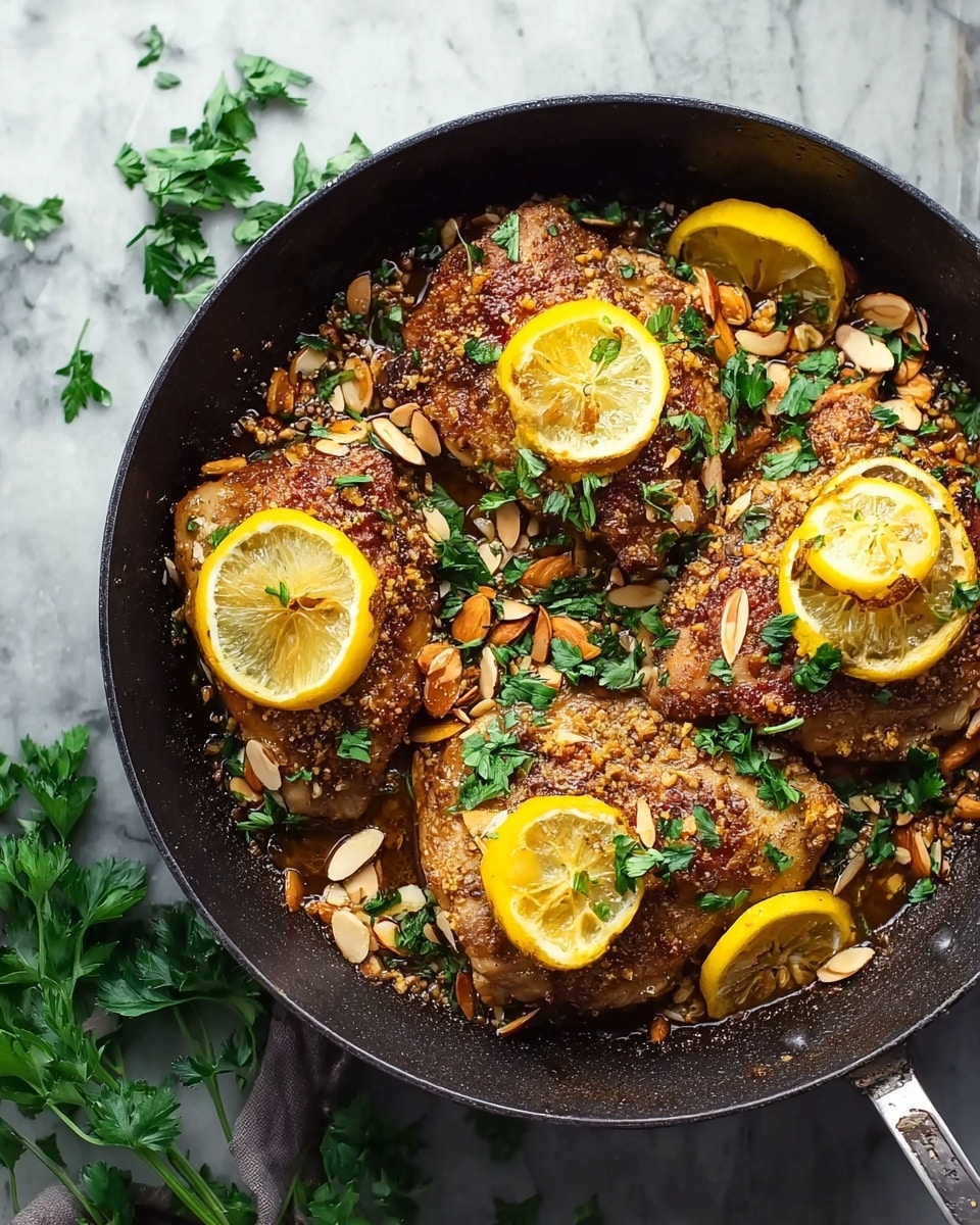 A round black pan holds three pieces of cooked chicken with a brown and slightly crispy texture, topped with thin yellow lemon slices. Fresh green parsley leaves and light brown toasted almond slices are scattered all over the chicken and pan surface. The pan is placed on a white marbled background with some small green parsley leaves spread nearby. The handle of the pan extends to the right side. Photo taken with an iphone --ar 4:5 --v 7