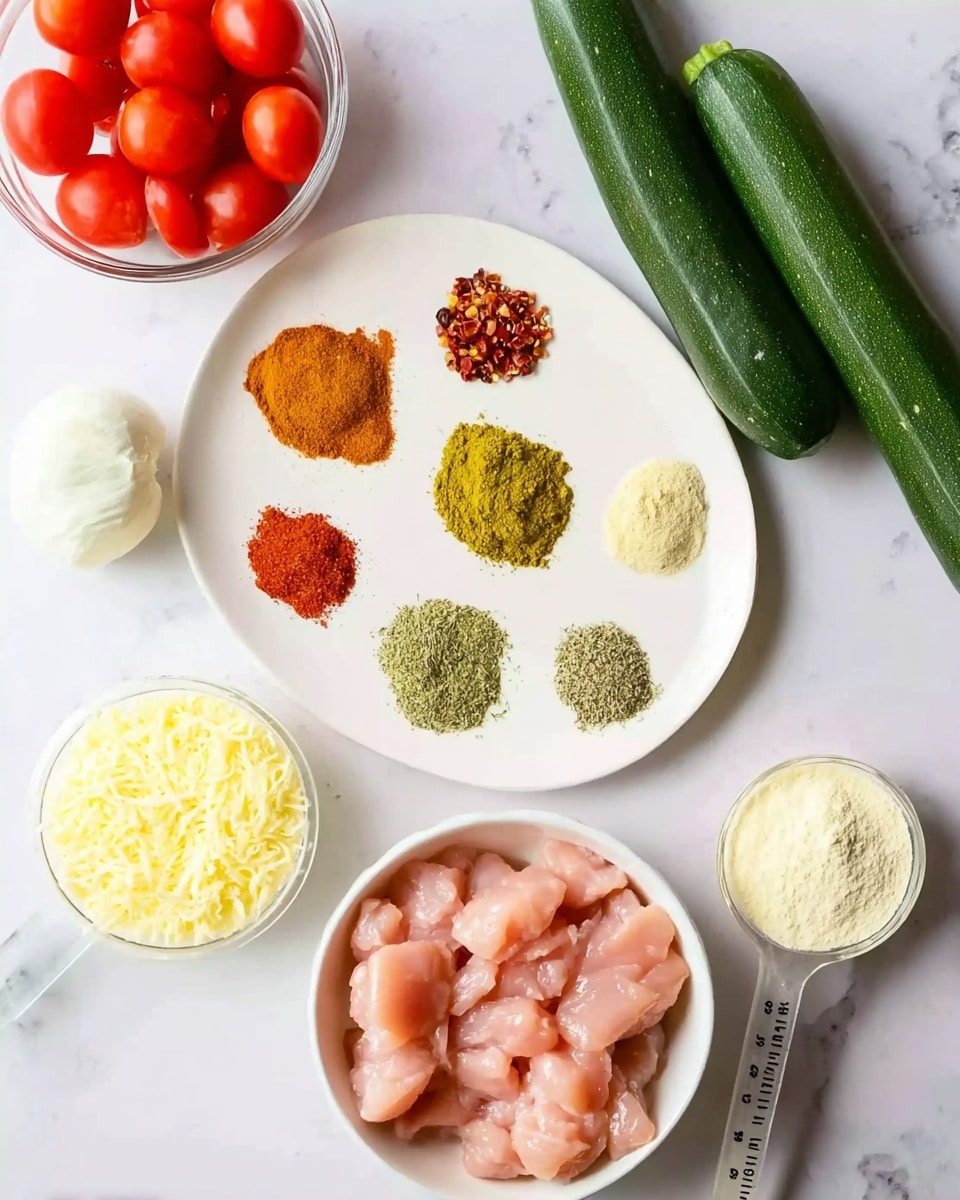 The image shows a white marbled surface with cooking ingredients neatly arranged. At the center, there is a white plate with five piles of spices: a reddish-brown spice at the top, a greenish-yellow spice on the left, a light green spice at the bottom, a small heap of red chili flakes on the right, and a small pile of light green powdered herb in the middle. Below the plate is a bowl filled with pink chunks of raw chicken. To the right of the chicken bowl, there is a small white scoop filled with pale yellow powder and next to it is a white measuring cup filled with shredded pale yellow cheese. On the top left, there is a small scoop filled with minced pale yellow garlic. In the top left corner, a clear container is filled with bright red cherry tomatoes. On the top right, two large whole zucchinis lay side by side. The scene is bright and clean, with all items well spaced and clearly visible photo taken with an iphone --ar 4:5 --v 7