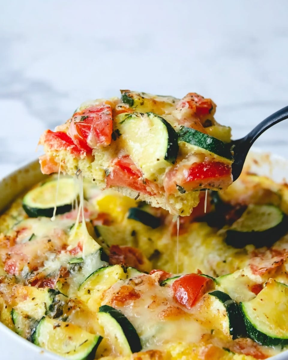 A close-up view shows a black spatula lifting a spoonful of a baked dish with three visible layers. The bottom layer is light yellow with small bits, likely eggs or cheese, with a light, soft texture. The middle layer features bright red tomato pieces and vibrant green zucchini slices, some thinly sliced and others chunkier, showing a fresh texture. The top layer is covered with melted light yellow cheese, slightly browned and bubbly, adding a gooey texture. The background is a white marbled surface, and the dish sits in a white bowl. A small stretchy cheese thread hangs from the spatula, showing the cheese pull. Photo taken with an iphone --ar 4:5 --v 7