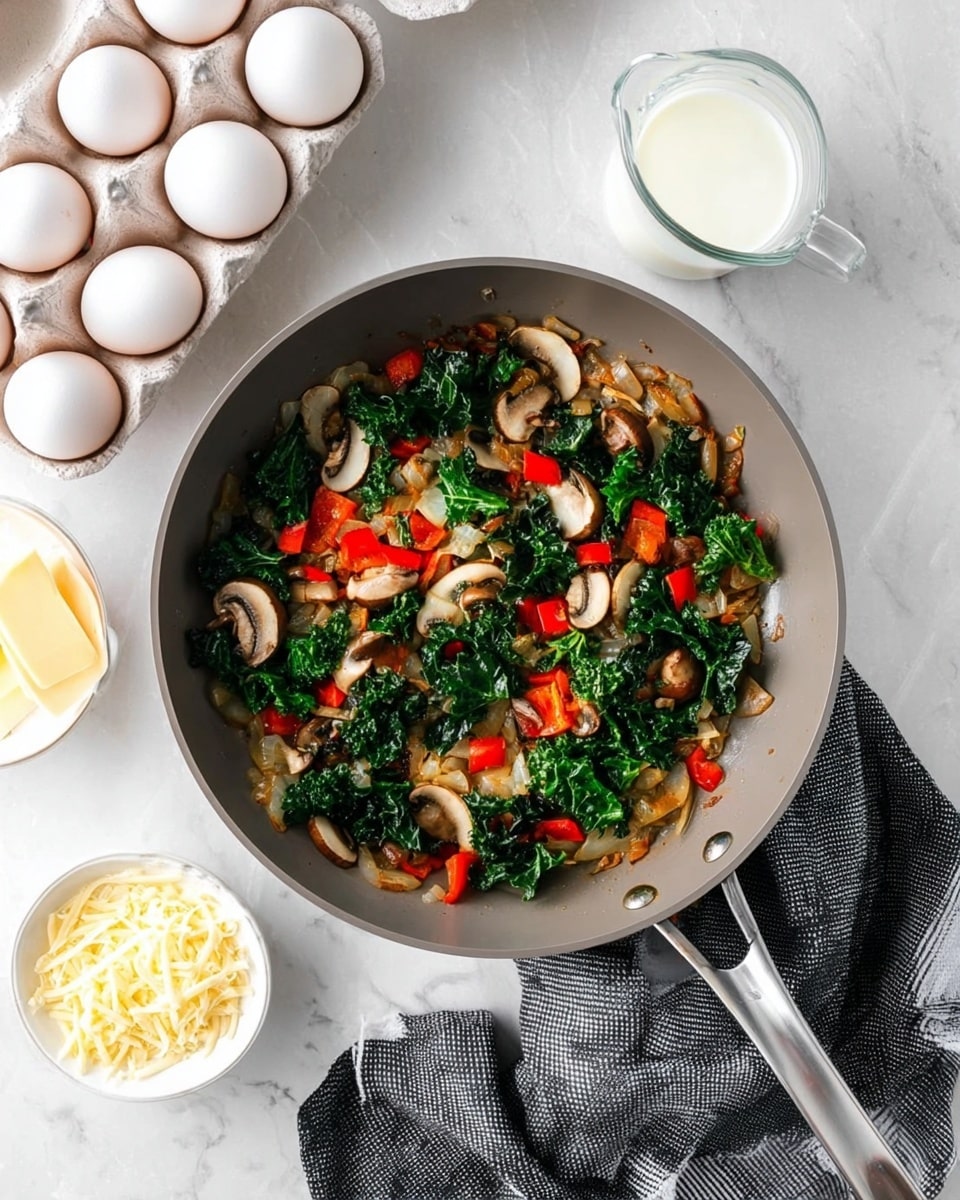 The image shows a grey pan with cooked vegetables inside, placed on a white marbled surface. Inside the pan, there are three visible layers: the bottom layer has small sautéed onion pieces with a light brown color and soft texture, the middle layer contains small red bell pepper cubes scattered evenly, and the top layer features slightly wilted dark green kale leaves mixed with light brown sliced mushrooms, all cooked together. Around the pan, at the top left, there is a white egg carton with whole white eggs, at the top right a clear measuring cup filled with white milk, and near the bottom, two small white bowls, one with shredded cheese and the other with shaved cheese. A folded grey cloth with a black grid pattern is draped on the right side. The setup looks clean and bright, photo taken with an iphone --ar 4:5 --v 7