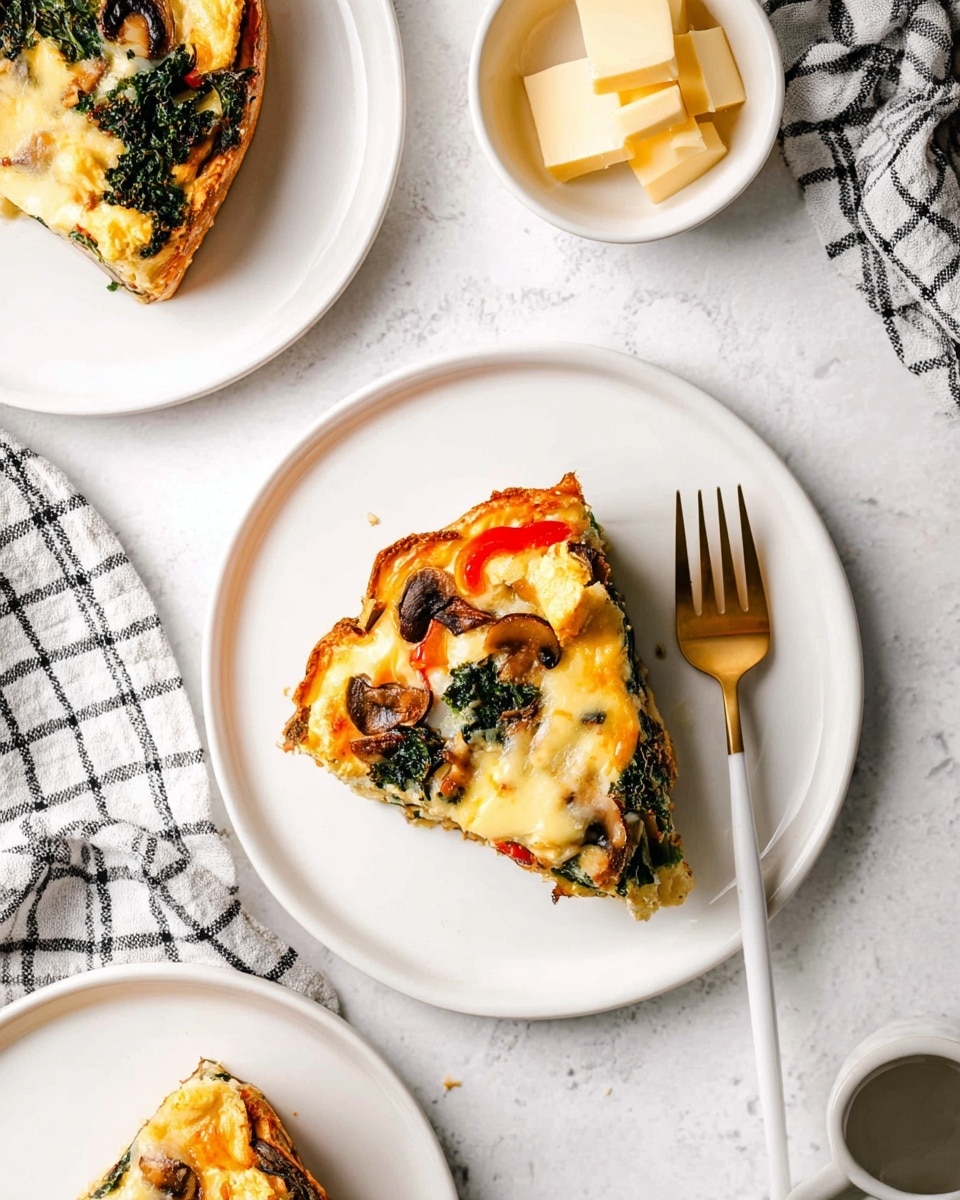 A white plate with a small square slice of vegetable quiche sits in the center. The quiche has a golden-brown crust base, a creamy light yellow egg layer with melted cheese, and is topped with dark green leafy kale, light brown mushrooms, and small pieces of red bell pepper. A gold fork with a white handle rests beside the quiche on the plate. Nearby, there are other white plates with similar quiche slices and a small white bowl with pale yellow cheese slices. The whole scene is set on a white marbled surface with a black-and-white checkered cloth to the side. Photo taken with an iphone --ar 4:5 --v 7