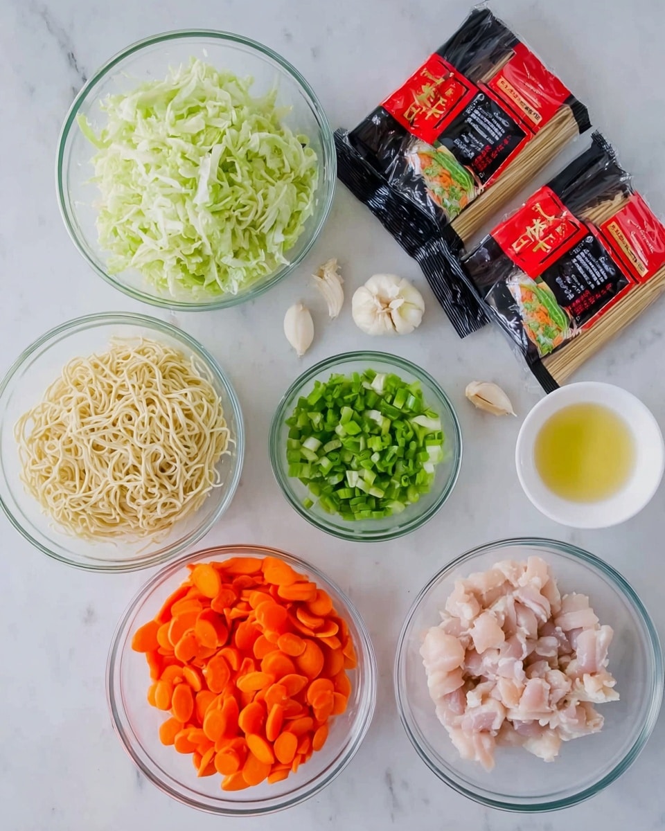 There are six clear glass bowls and two packets of dry noodles arranged on a white marbled surface. One bowl is filled with chopped light green cabbage, another with sliced bright orange carrots, another with green chopped scallions, and a smaller bowl holds light pink pieces of raw chicken. Two garlic cloves and a small bowl of clear cooking oil are also placed near the bowls. The two packets of thin dry noodles have red and black packaging and are placed above the bowls. photo taken with an iphone --ar 4:5 --v 7