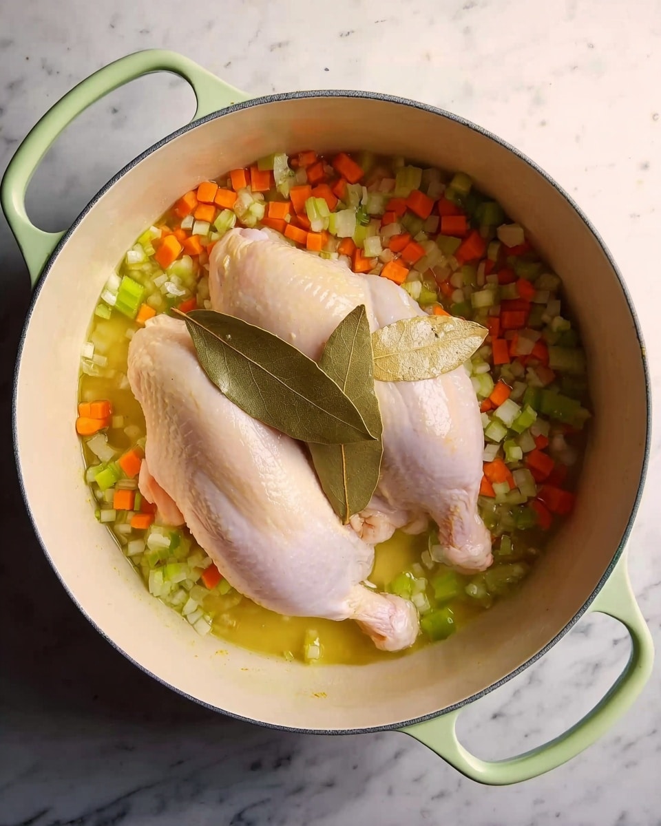 A white pot with light green handles contains two whole raw chicken pieces on top of a mix of small diced orange carrots, green celery, and white onions. Two brown bay leaves rest between the chicken pieces, and the ingredients sit in light yellow oil. The pot is set on a white marbled surface. photo taken with an iphone --ar 4:5 --v 7
