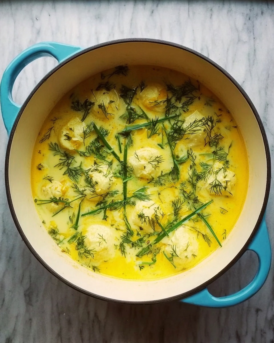 A white round pot with light blue handles holds a yellow dish with a creamy texture. On top, there are soft, pale yellow dollops spread out evenly, covered with bright green fresh herb sprigs scattered across the surface. The pot sits on a white marbled surface. photo taken with an iphone --ar 4:5 --v 7