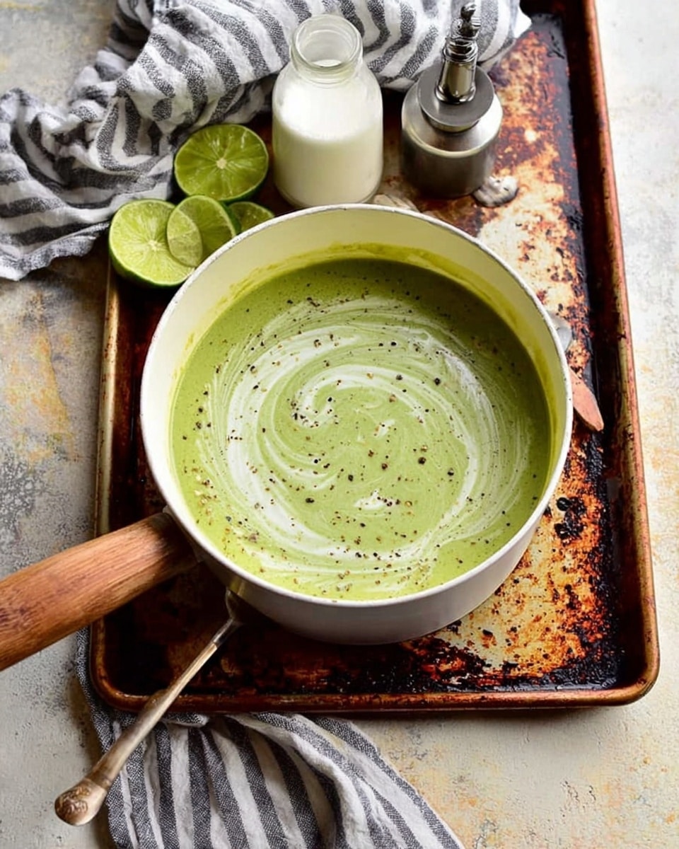 A white pot with a wooden handle filled with a smooth green soup, swirled lightly with a cream-colored swirl on the surface, holding some small black pepper specks. The pot is on a worn, rustic baking sheet with dark marks and rust spots. Next to the pot is a striped cloth, a small bottle of white cream, a metal grinder, a wooden spoon, and two lime halves placed on a white marbled texture surface. Photo taken with an iphone --ar 4:5 --v 7