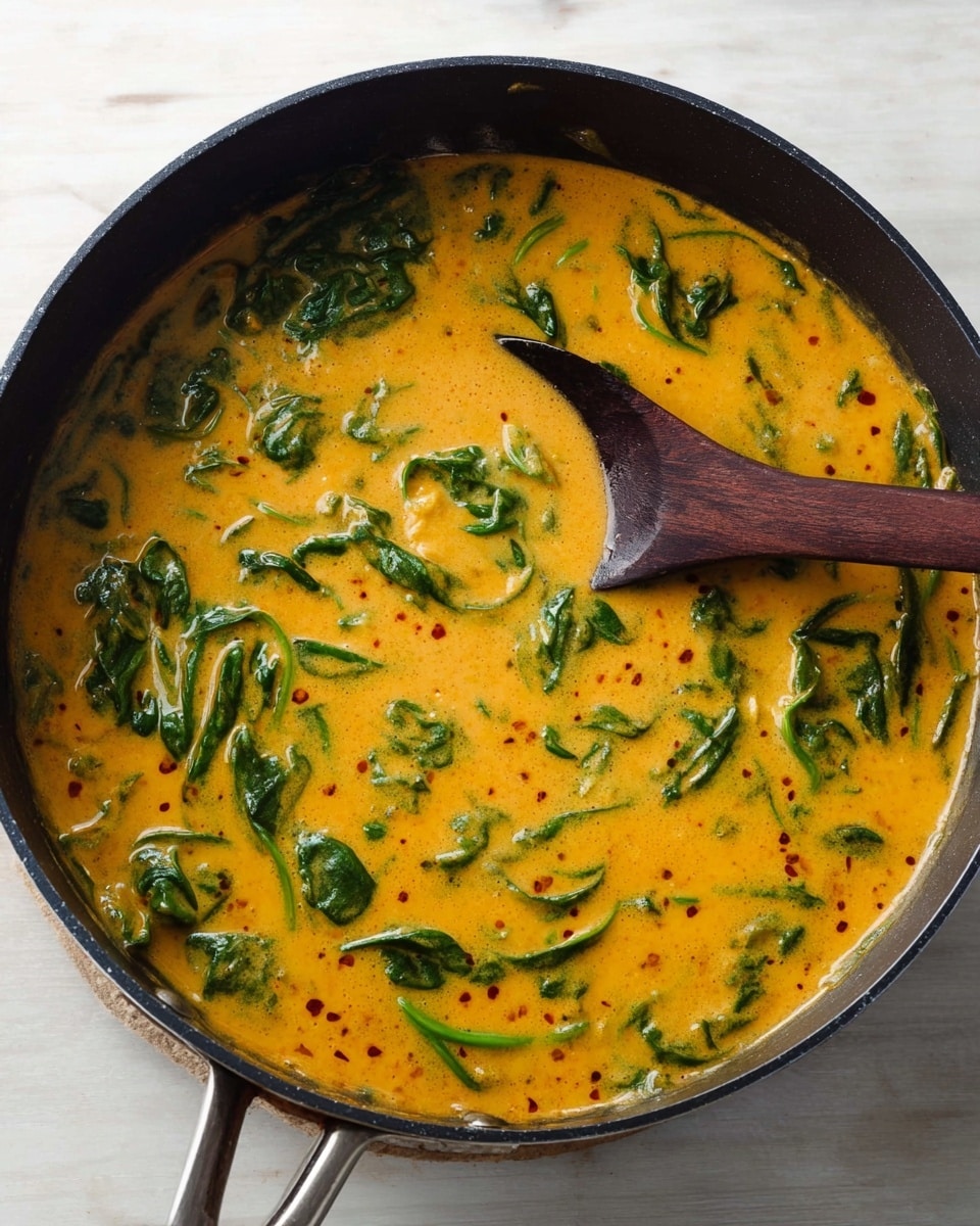 A black skillet filled with a thick, creamy orange soup with green spinach leaves scattered evenly throughout. The soup surface shows small red-brown specks, offering a textured look. Inside the skillet, there is a dark wooden spoon partially submerged, holding some of the soup and spinach. The skillet rests on a white marbled textured surface that contrasts softly with the warm colors of the soup. Photo taken with an iphone --ar 4:5 --v 7