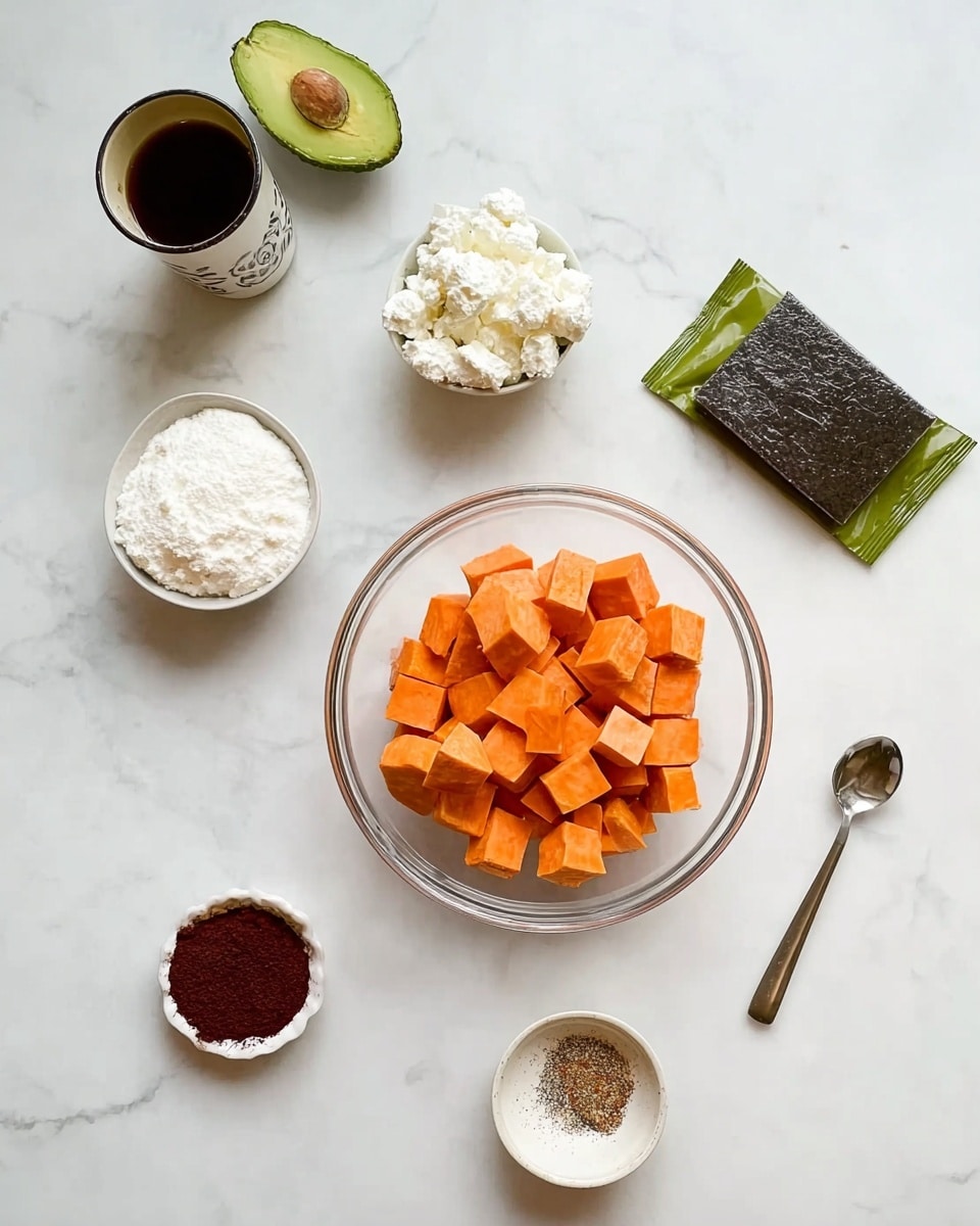 The image shows several cooking ingredients placed on a white marbled surface. In the center, there is a clear bowl filled with small orange cubes that look like sweet potatoes. Around this bowl, there is a white bowl with white cottage cheese, a small white bowl with a dark red powder, and a tiny white dish with a pinch of black and white spices. To the top left, there is an avocado and a small cup with a dark liquid, possibly a sauce, inside a white cup with a dark rim. To the top right, there is a green package of what looks like a dark solid block, and next to it is a metal spoon with a brown spice inside. The arrangement is neat and all items are shown clearly with a bright and clean look. photo taken with an iphone --ar 4:5 --v 7