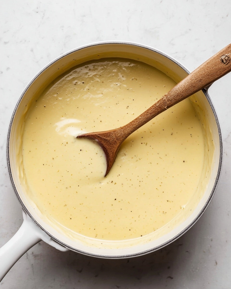 A white pot filled with smooth, creamy pale yellow sauce, showing tiny specks of seasoning throughout. A wooden spoon with a light brown handle rests inside the pot, partially covered by the sauce, stirring gently. The pot is placed on a white marbled surface, creating a clean and bright background. photo taken with an iphone --ar 4:5 --v 7