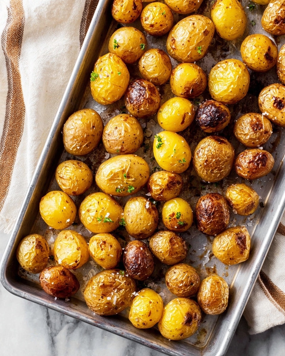 A metal baking tray filled with one layer of roasted small potatoes in different shades of golden yellow and light brown. Each potato shows a slightly wrinkled skin texture with some light browning and sprinkled coarse salt and small green herb pieces on the surface. The tray rests on a white marbled surface with parts of a white and brown striped cloth visible around the edges. The potatoes have a shiny, roasted look with small charred spots scattered unevenly photo taken with an iphone --ar 4:5 --v 7
