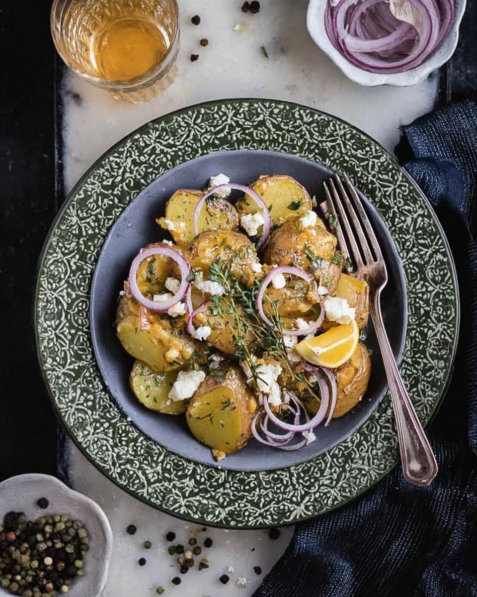 The dish shows several small golden-brown cooked potatoes broken into pieces layered on a decorative gray plate with a green patterned white rim. These potato pieces have a rough texture with bits of fresh green herbs like thyme and small dollops of white cheese scattered on top. Thin, curled slices of light purple-red onions are placed over the potatoes. There is a small yellow lemon wedge on one side of the plate. A vintage silver fork rests on the edge of the plate, pointing inward. The background is a white marbled surface with a glass of light golden liquid, a small white dish with more onion rings, scattered green peppercorns, a salt shaker, and a dark cloth napkin nearby. photo taken with an iphone --ar 4:5 --v 7