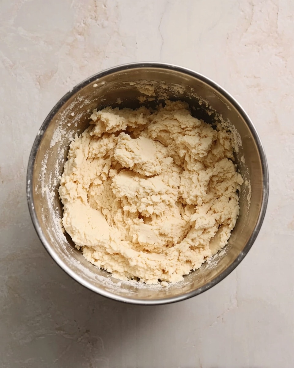 A silver mixing bowl filled with a beige dough mixture with a coarse, crumbly texture. The dough fills most of the bowl, with rough, uneven edges pushed against the side. The bowl sits on a white marbled surface, and some dough bits cling to the sides. Photo taken with an iphone --ar 4:5 --v 7