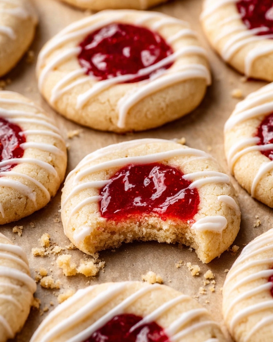 The image shows round cookies with three layers: a soft pale golden base forming a thick ring, a bright red glossy jam filling in the center, and thin white icing lines drizzled across the top in parallel strips. One cookie has a bite taken from the edge, revealing its crumbly texture. The cookies are close together on a light brown parchment paper, which rests on a white marbled surface. Crumbs are scattered around the bitten cookie. photo taken with an iphone --ar 4:5 --v 7