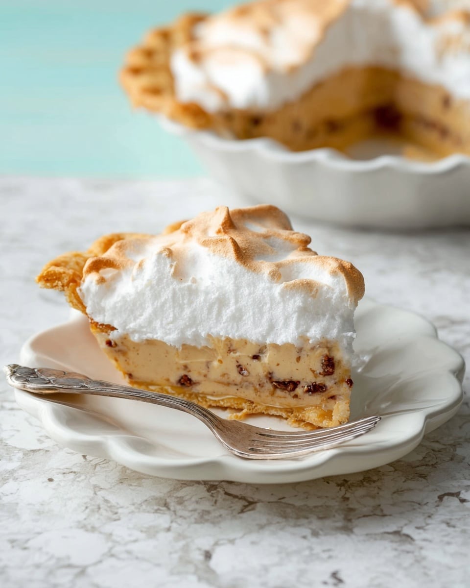 A single slice of pie is placed on a white scalloped plate with a silver fork resting beside it. The pie has three visible layers: a golden brown crust forming the base and edges, a creamy light brown filling with small dark bits evenly spread throughout, and a thick, fluffy white meringue topping that is slightly browned on the peaks. In the background, a larger pie with the same layers sits in a white pie dish. The surface beneath is a white marbled texture, and the overall lighting is bright and natural. Photo taken with an iphone --ar 4:5 --v 7