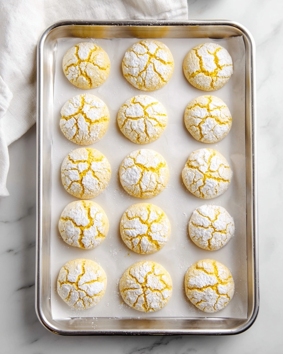 A silver baking tray lined with white parchment paper holds 15 round yellow cookies arranged in 3 columns and 5 rows. Each cookie is dusted with a layer of white powdered sugar, forming cracked patterns on the surface that reveal the soft yellow underneath. The cookies have a slightly rough texture with visible small cracks spreading from the center outward. The tray is set on a white marbled surface with a white cloth partially visible in the top left corner. photo taken with an iphone --ar 4:5 --v 7
