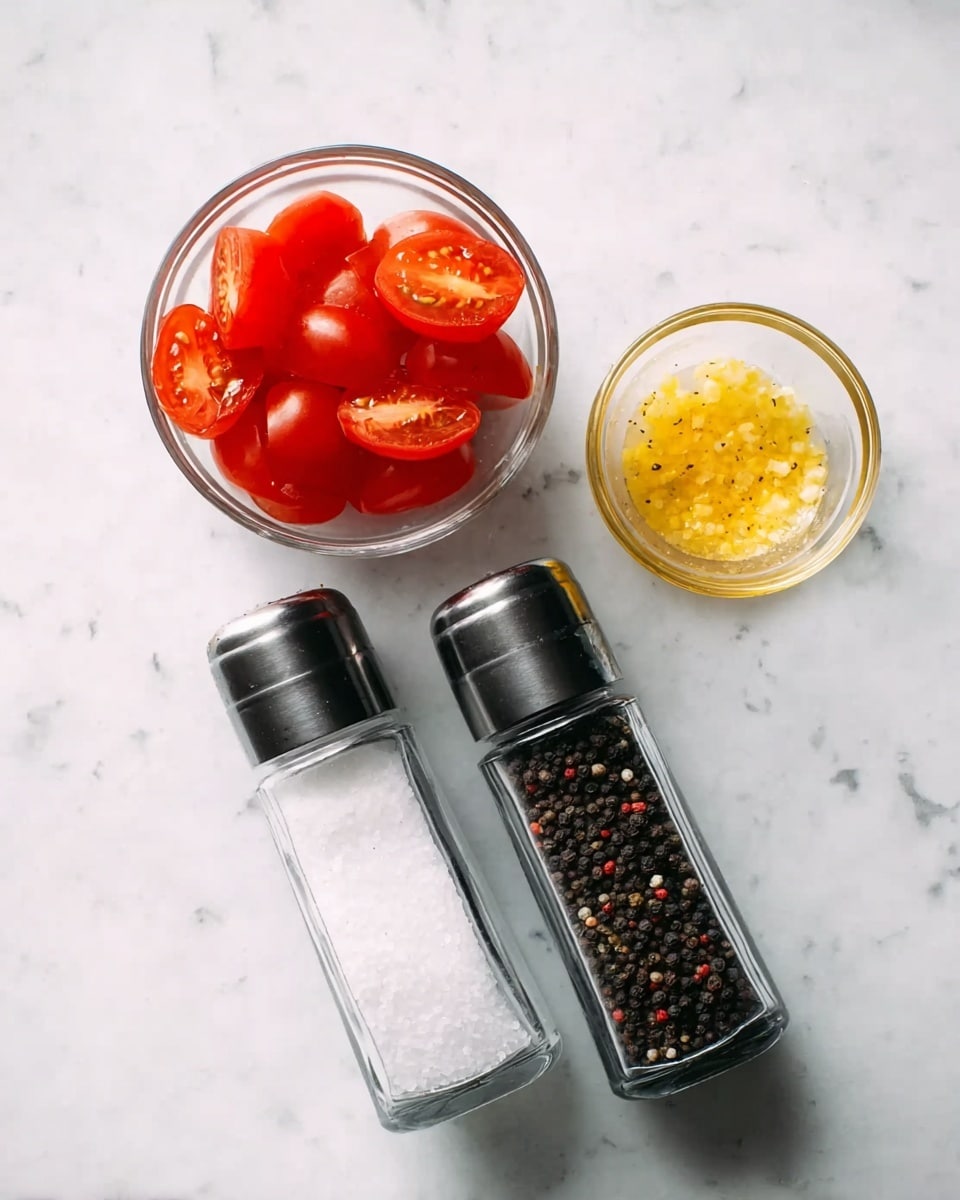 The image shows small glass bowls on a white marbled surface; one bowl holds bright red cherry tomatoes cut in half with smooth skins and juicy interiors, and another smaller bowl contains a yellow mixture that looks like minced garlic in oil. Below the bowls, there are two clear salt and pepper grinders placed side by side, one filled with coarse white salt crystals and the other packed with dark black peppercorns, all arranged neatly in a flat lay style photo taken with an iphone --ar 4:5 --v 7
